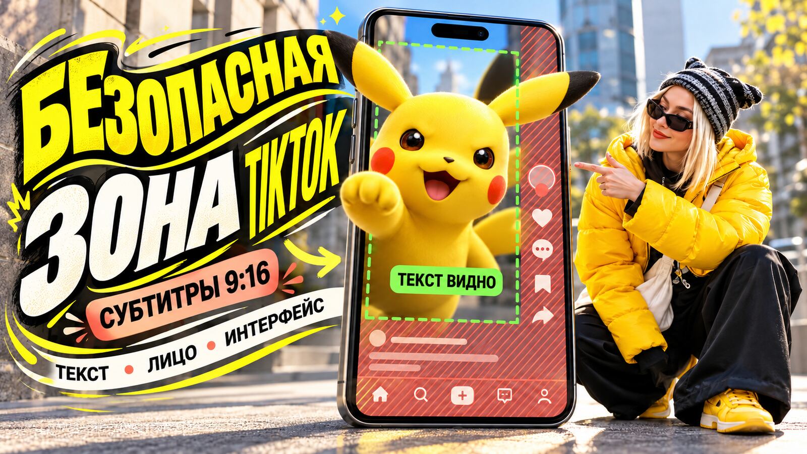 Безопасная зона TikTok: субтитры 9:16 в центре кадра, интерфейс справа и снизу