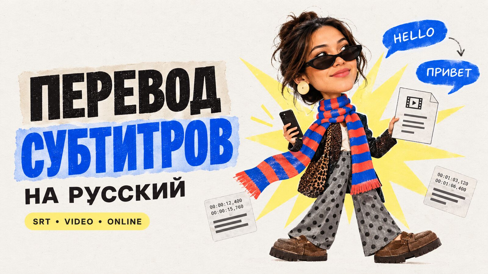 Перевод субтитров на русский: Hello → Привет, файлы с тайм-кодами, SRT, видео и онлайн