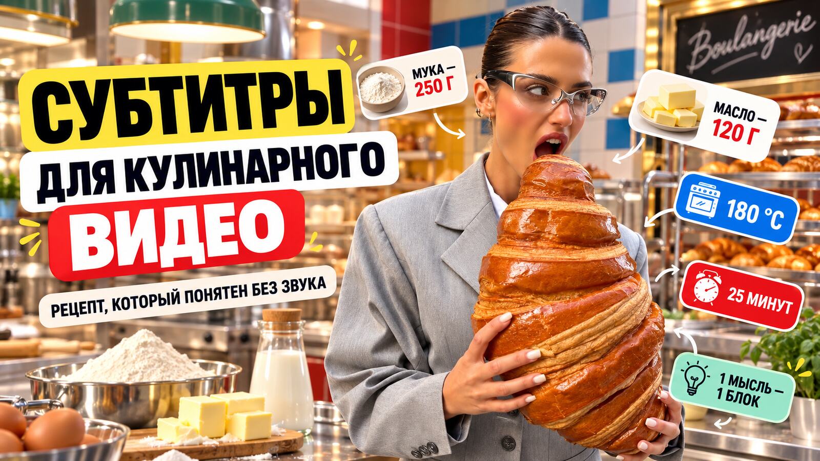 Субтитры для кулинарного видео: рецепт, понятный без звука — мука 250 г, масло 120 г, 180 °C, 25 минут