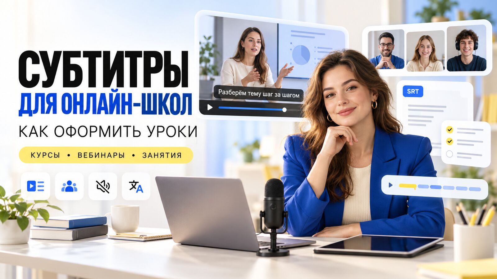 Субтитры для онлайн-школ: преподаватель, видеоурок с субтитрами, участники вебинара и файл SRT