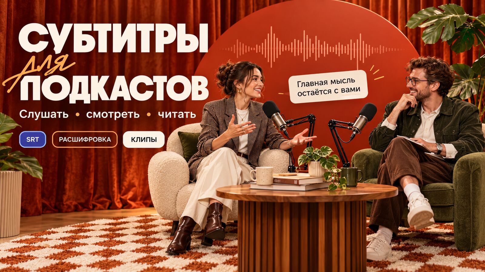 Субтитры для подкастов: двое ведущих у микрофонов — слушать, смотреть, читать; SRT, расшифровка, клипы