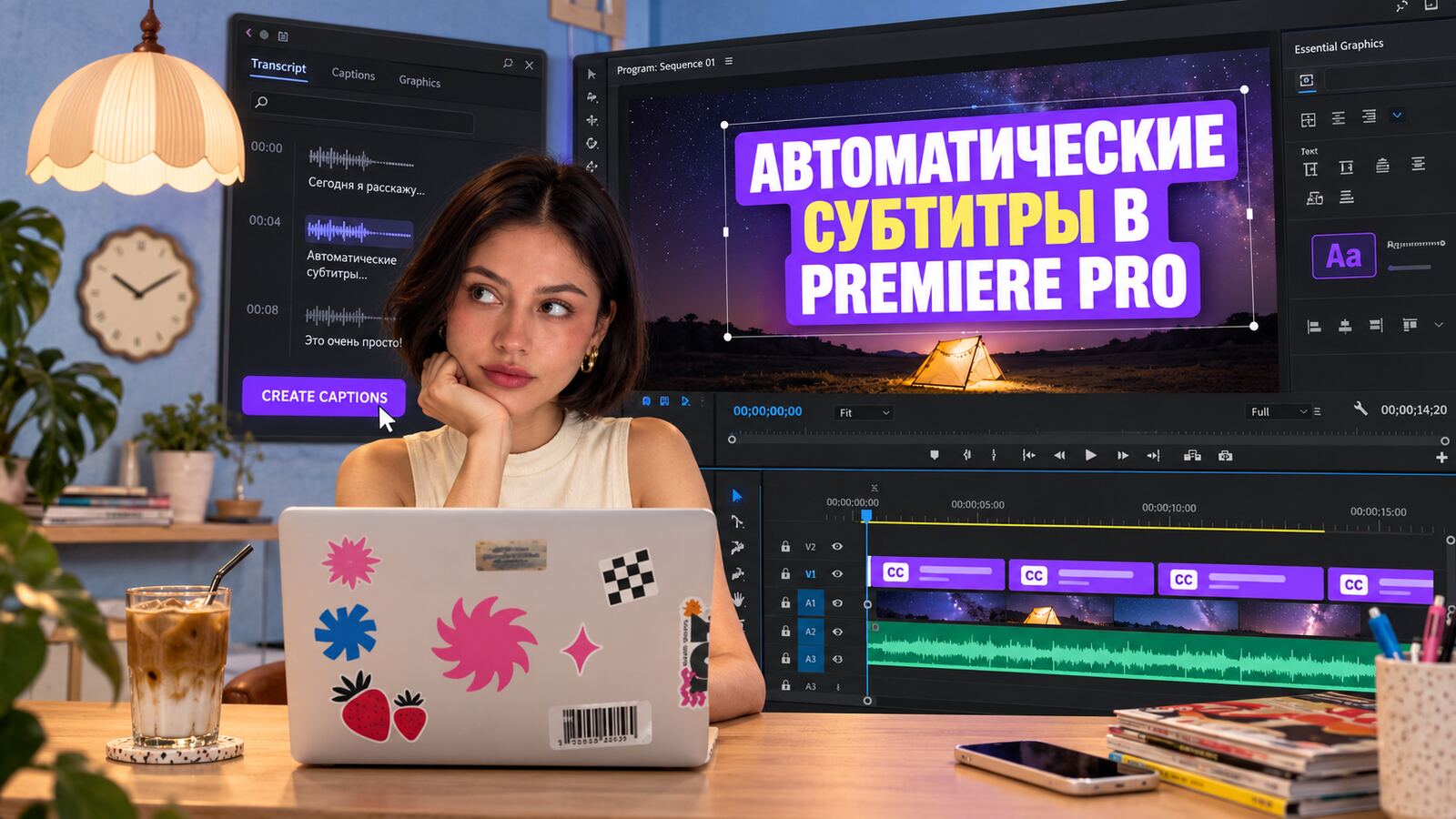 Автоматические субтитры в Premiere Pro: панель Transcript, кнопка Create captions и дорожка субтитров на таймлайне
