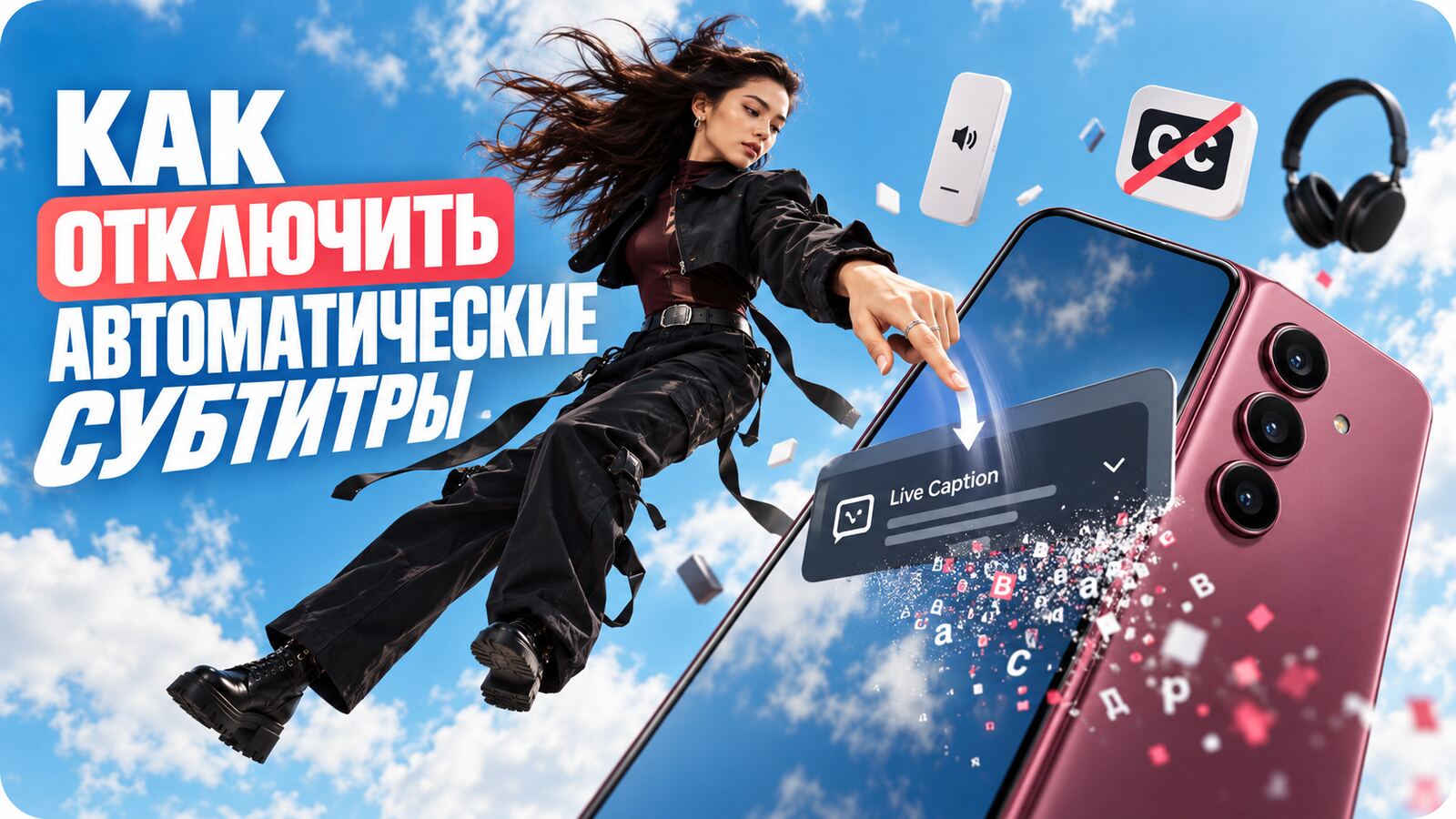 Как отключить автоматические субтитры: окно Live Caption на экране смартфона и перечёркнутый значок CC