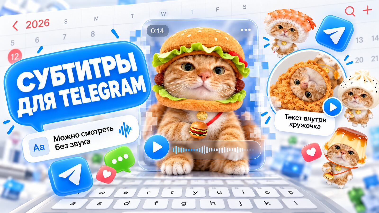 Субтитры для Telegram: видео с подписью «Можно смотреть без звука» и видеокружок с текстом внутри