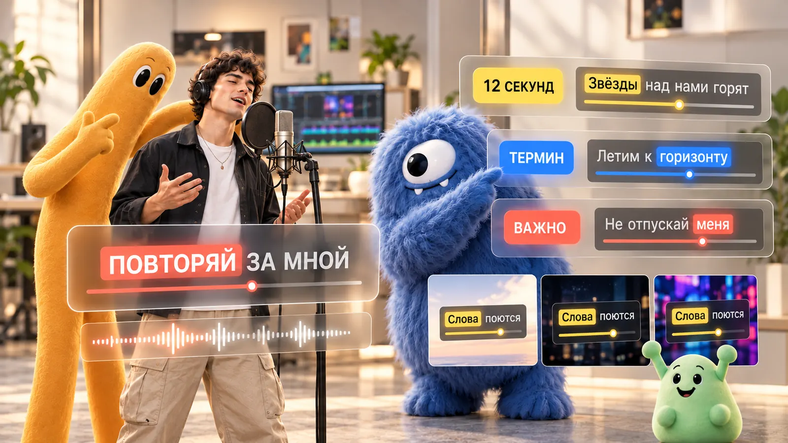 Караоке и выделение слов: «Повторяй за мной» с подсветкой произносимого слова, цветовые правила — цифры, термины, предупреждения, проверка контраста на светлом, тёмном и пёстром фоне