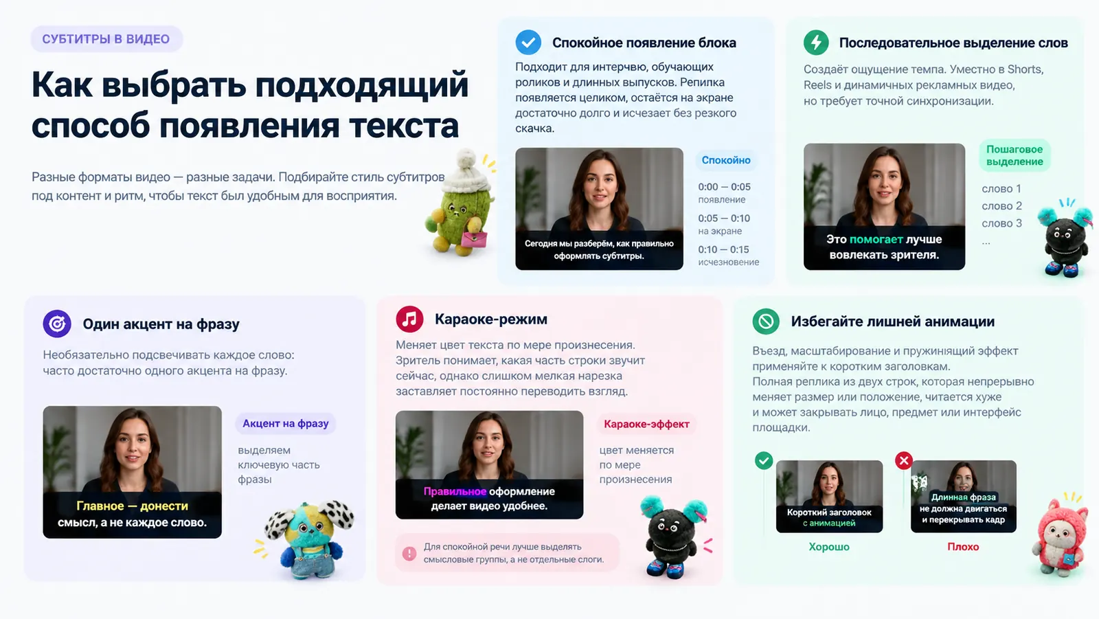 Способы появления текста: спокойное появление блока, последовательное выделение слов, один акцент на фразу, караоке-режим и чего избегать — длинная фраза не должна двигаться