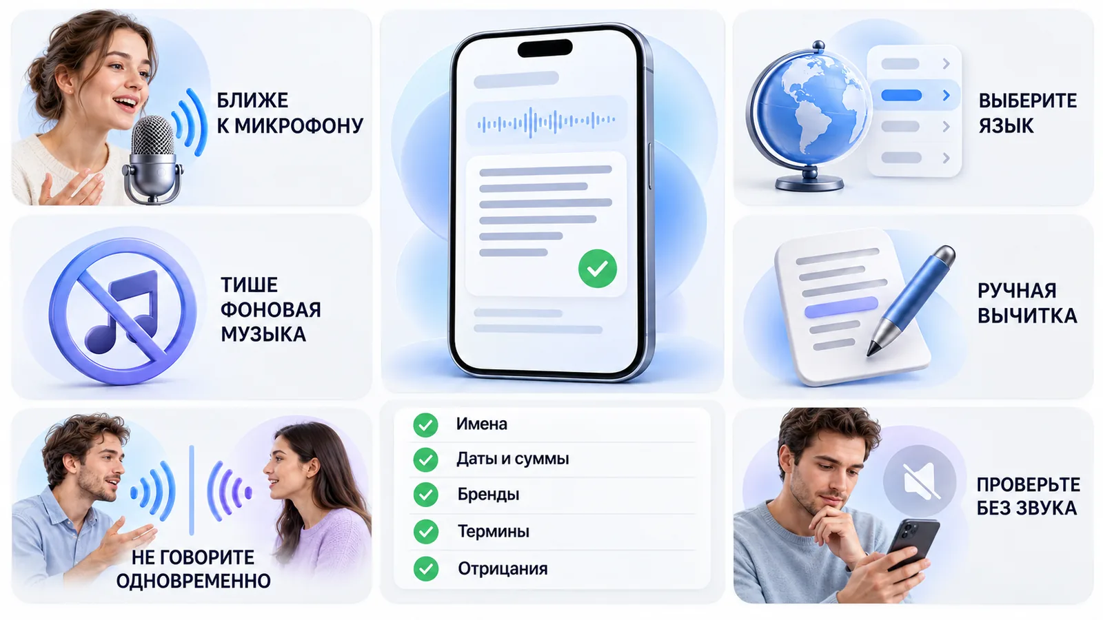 Как повысить точность автоматических субтитров: ближе к микрофону, тише фоновая музыка, не говорить одновременно, выбрать язык, ручная вычитка, проверка без звука
