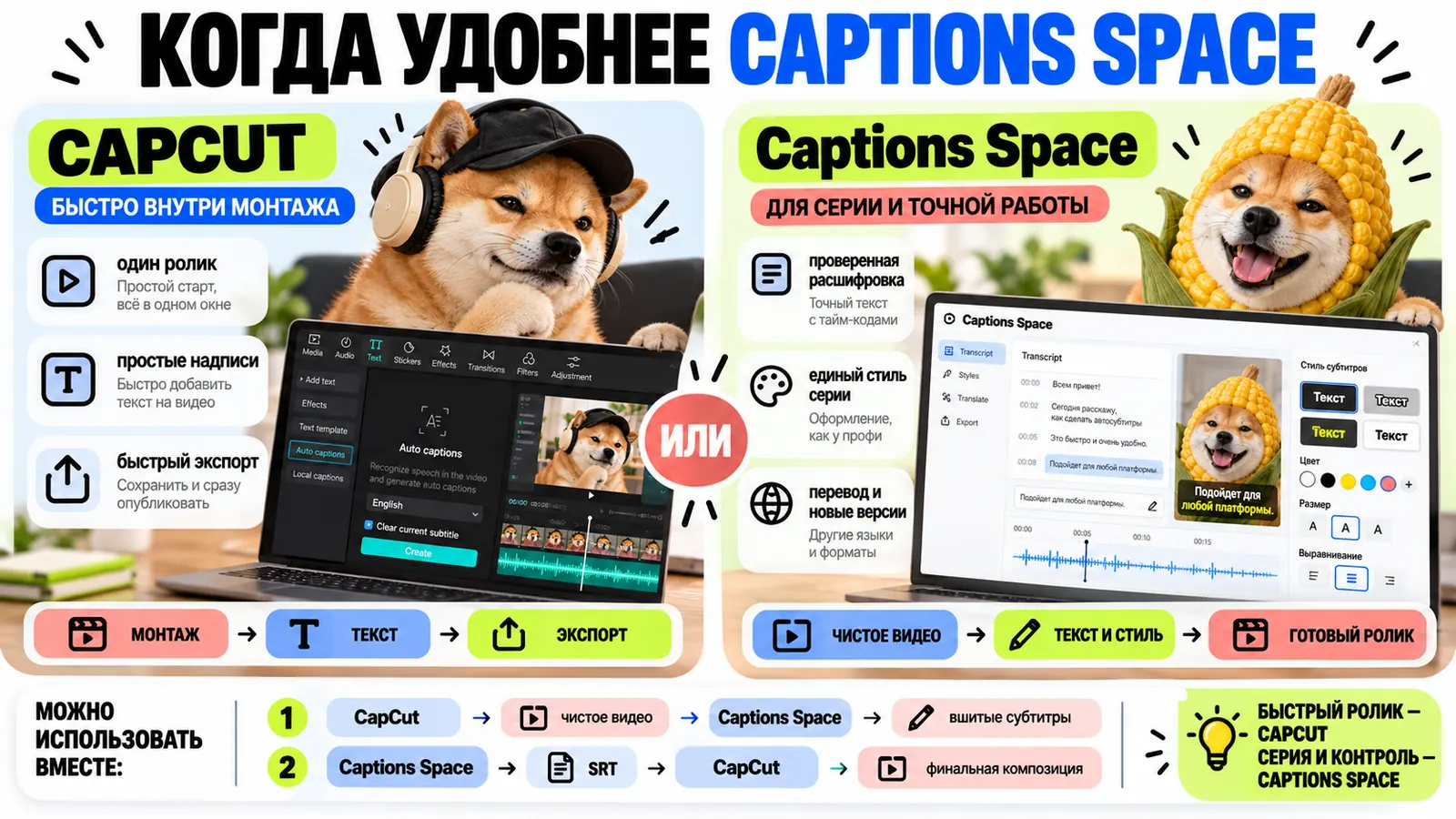 CapCut или Captions Space: CapCut — быстро внутри монтажа одного ролика, Captions Space — серия и точная работа с расшифровкой и стилем; их можно использовать вместе