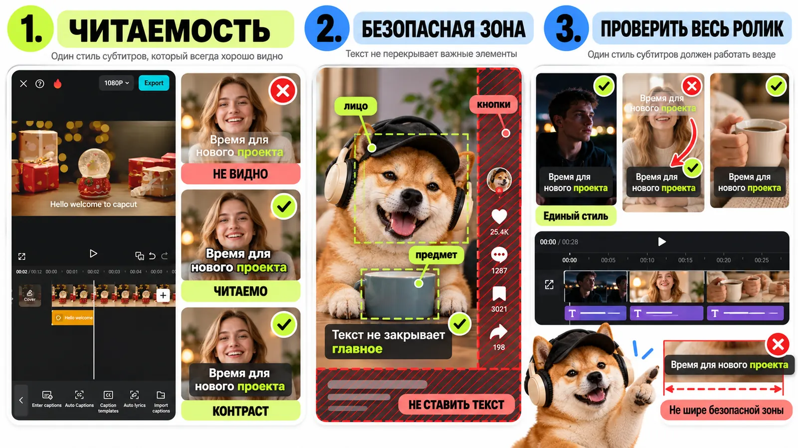 Оформление субтитров в CapCut: читаемость и контраст, безопасная зона без лица, предмета и кнопок, единый стиль на всём ролике и ширина не больше безопасной зоны