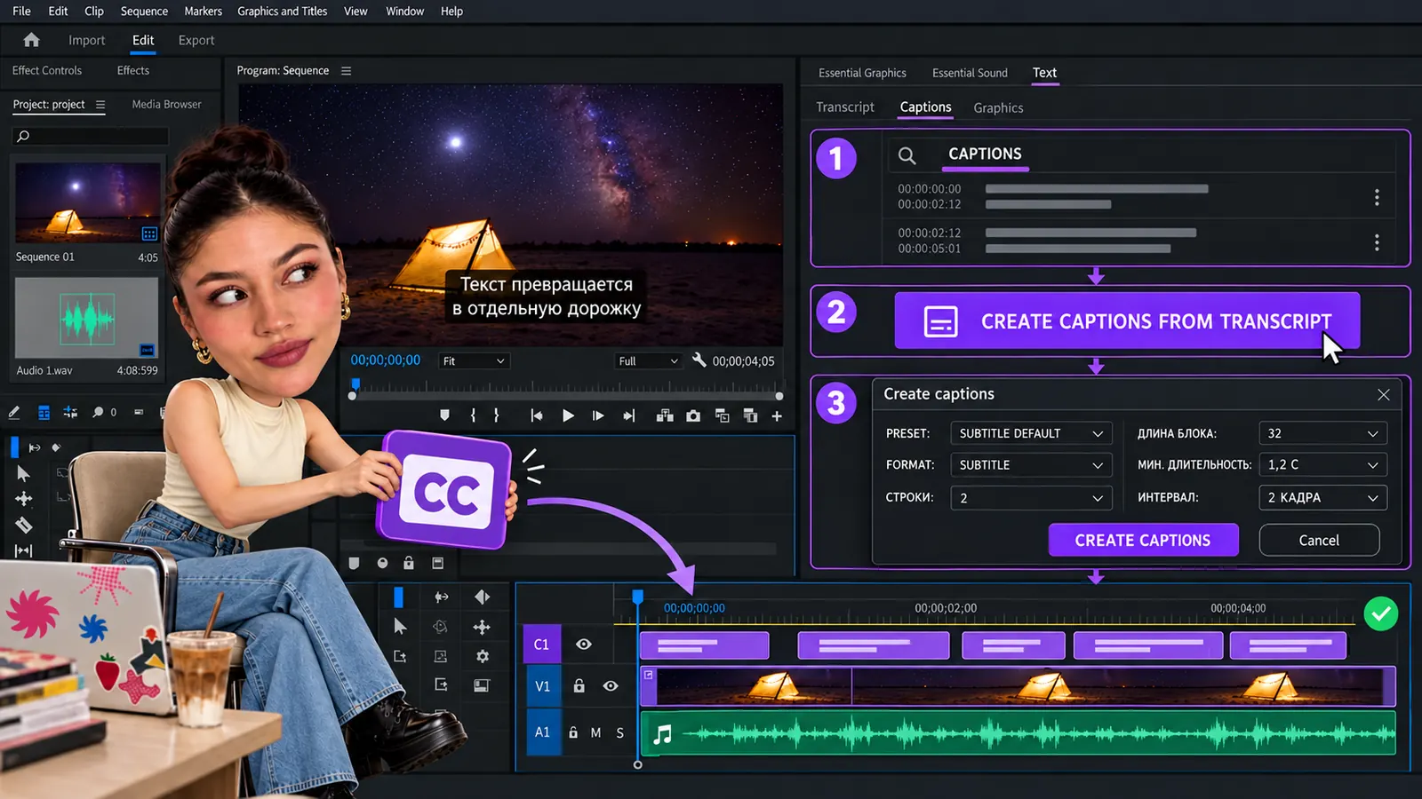 Шаг 3 в Premiere Pro: вкладка Captions, кнопка Create captions from transcript и окно настроек — пресет, формат, строки, длина блока, интервал