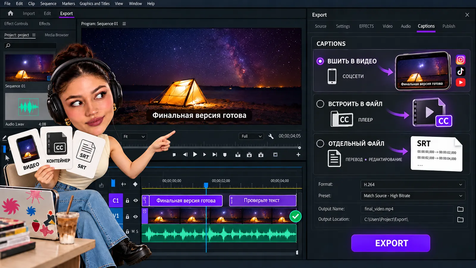 Шаг 5 в Premiere Pro: экспорт субтитров — вшить в видео для соцсетей, встроить в файл для плеера или сохранить отдельный SRT