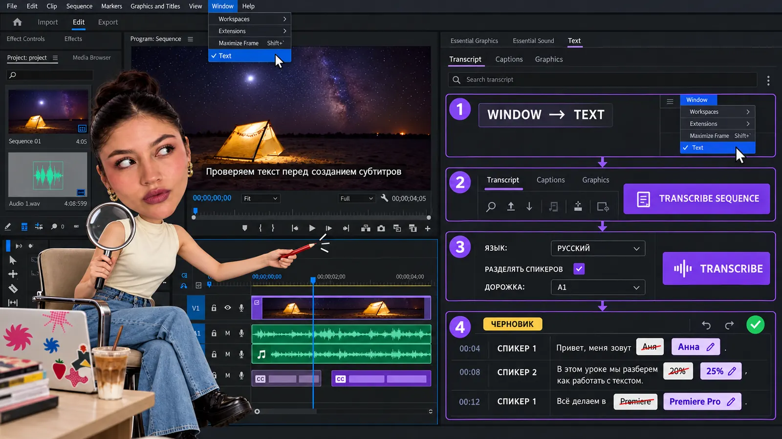 Шаг 2 в Premiere Pro: панель Text, вкладка Transcript, выбор языка и запуск Transcribe