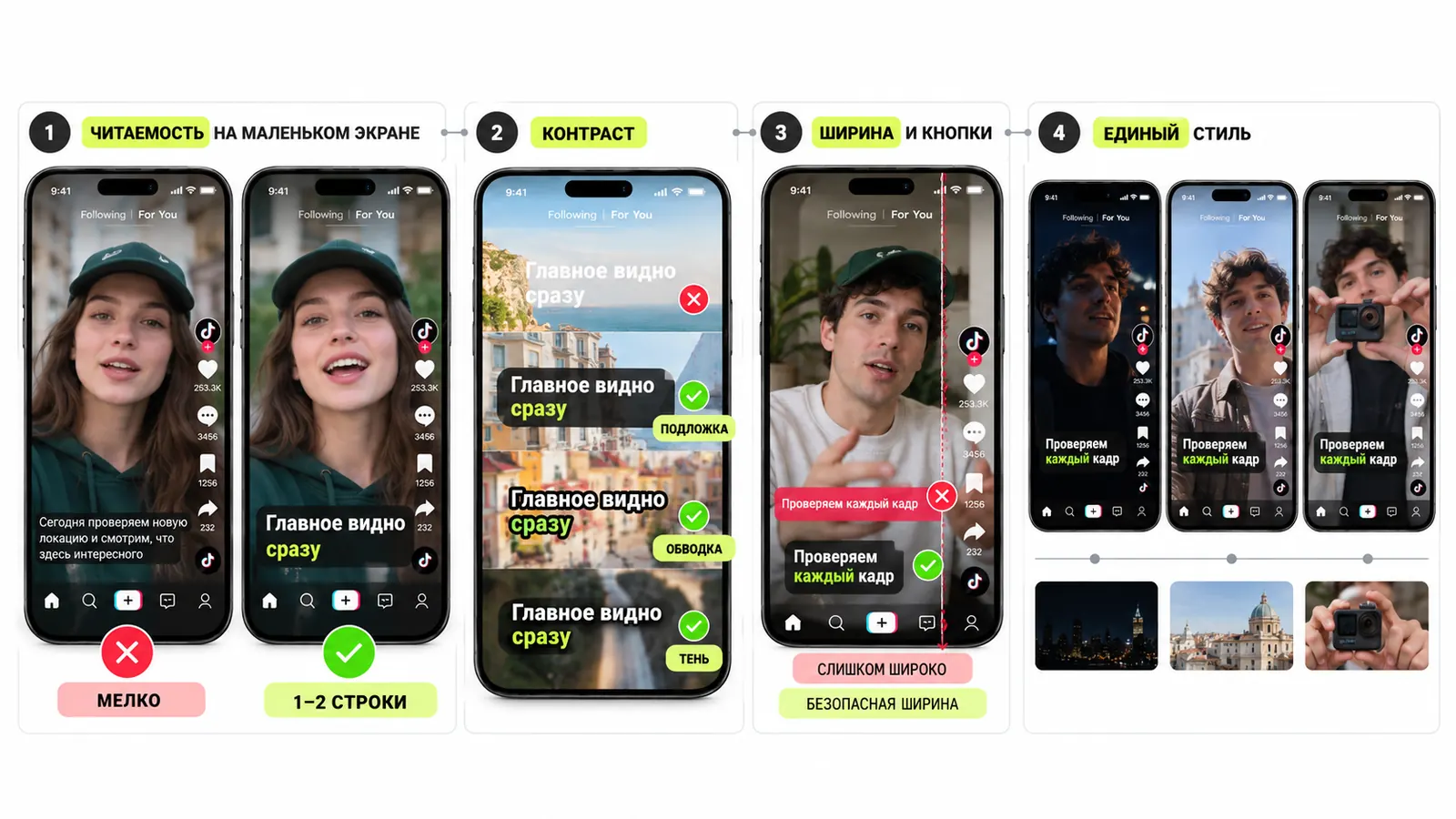 Оформление вертикальных субтитров для TikTok: одна-две строки вместо мелкого абзаца, контраст через подложку, обводку или тень, безопасная ширина строки, единый стиль серии