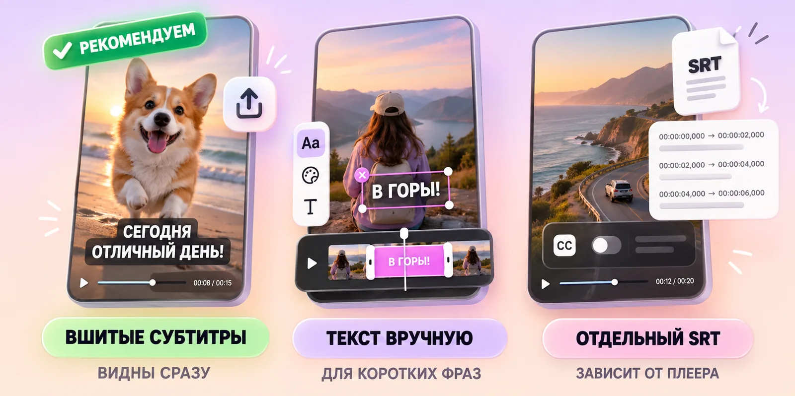 Три вида субтитров для VK Clips: вшитые субтитры видны сразу, текст вручную — для коротких фраз, отдельный SRT зависит от плеера