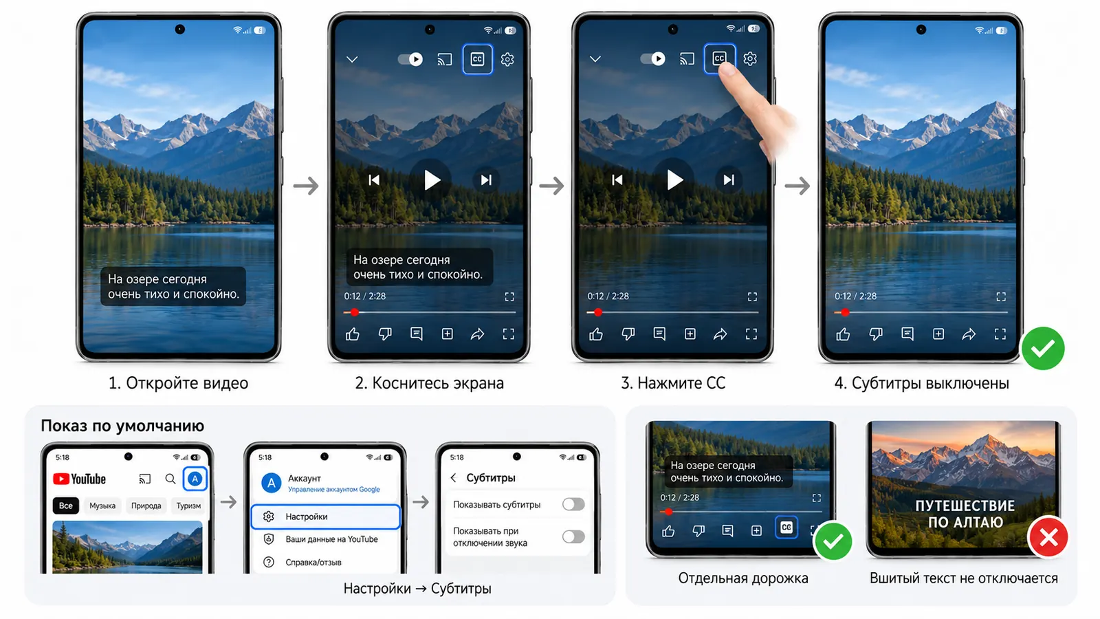 Отключение субтитров в YouTube: откройте видео, коснитесь экрана, нажмите CC; показ по умолчанию — Настройки, Субтитры; отдельная дорожка отключается, вшитый текст — нет