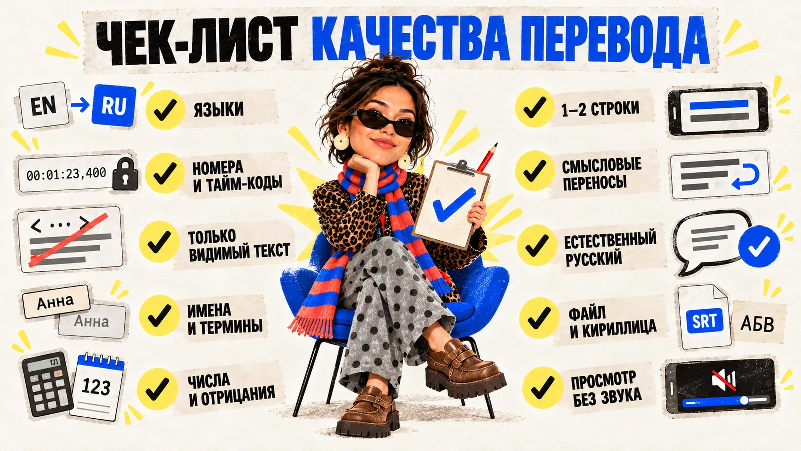 Чек-лист качества перевода субтитров: языки, номера и тайм-коды, только видимый текст, имена и термины, числа и отрицания, 1–2 строки, смысловые переносы, естественный русский, кириллица, просмотр без звука