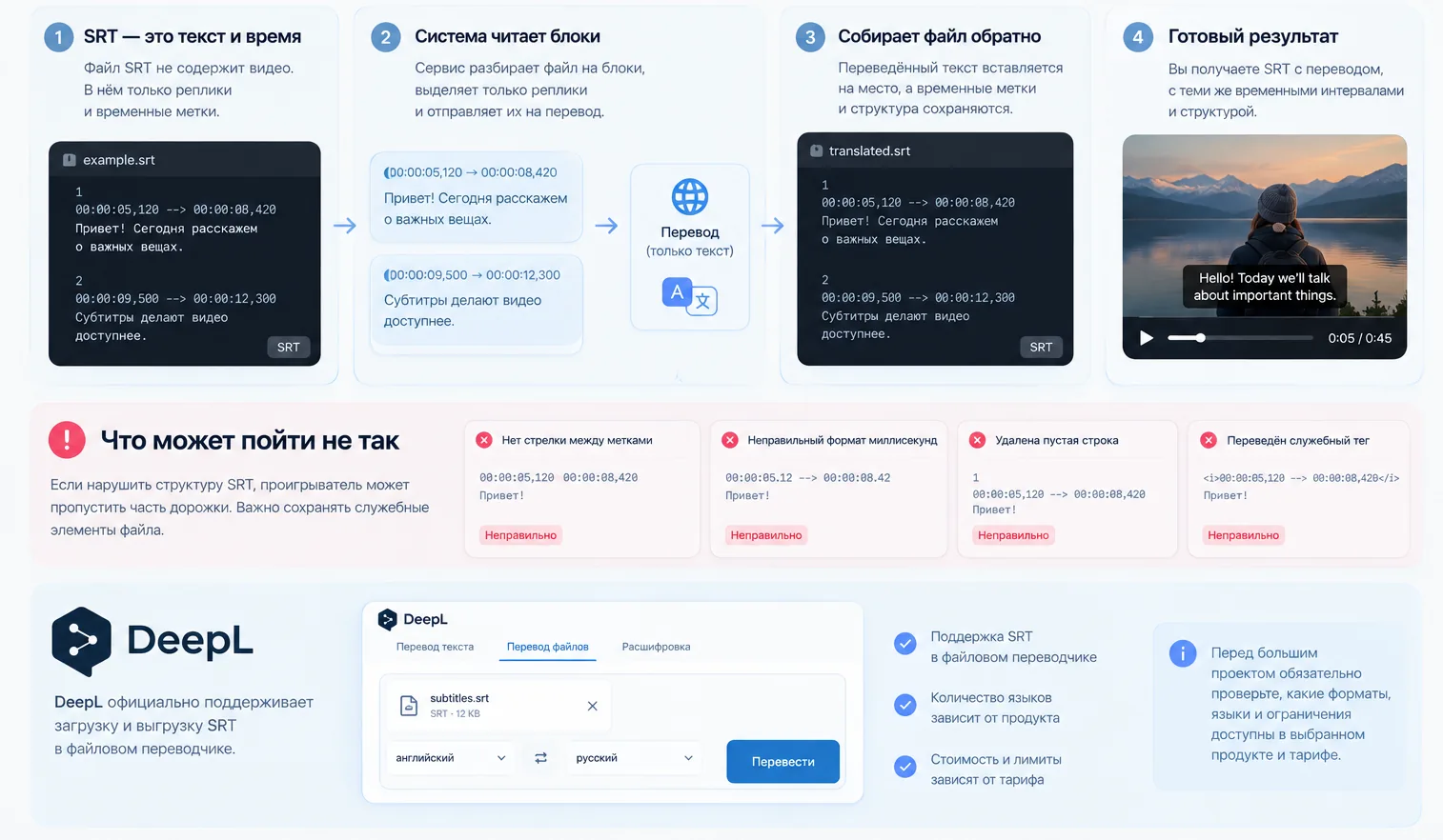 Как работает перевод SRT: файл разбирается на блоки, переводится только текст, тайм-коды сохраняются; ошибки структуры — нет стрелки, неверные миллисекунды, удалена пустая строка, переведён тег