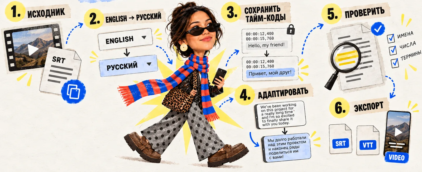 Шесть шагов перевода субтитров: исходник, English → русский, сохранить тайм-коды, адаптировать фразу, проверить имена, числа и термины, экспорт в SRT, VTT или видео