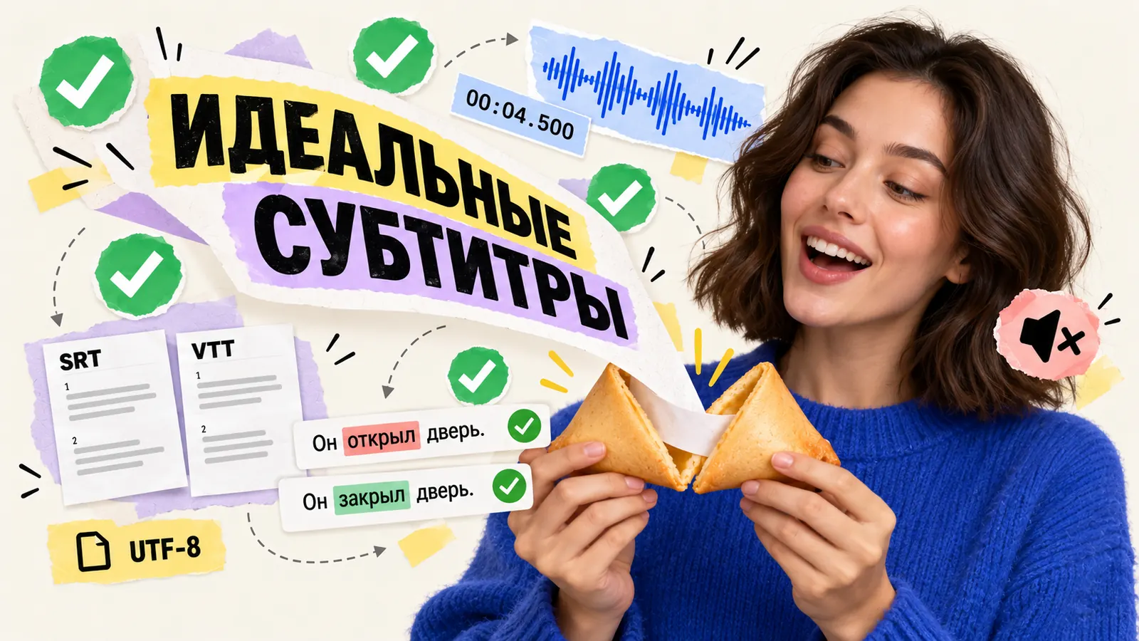Проверенные субтитры: сверка «открыл» и «закрыл» по звуку, тайм-код 00:04.500, файлы SRT и VTT в UTF-8, просмотр без звука