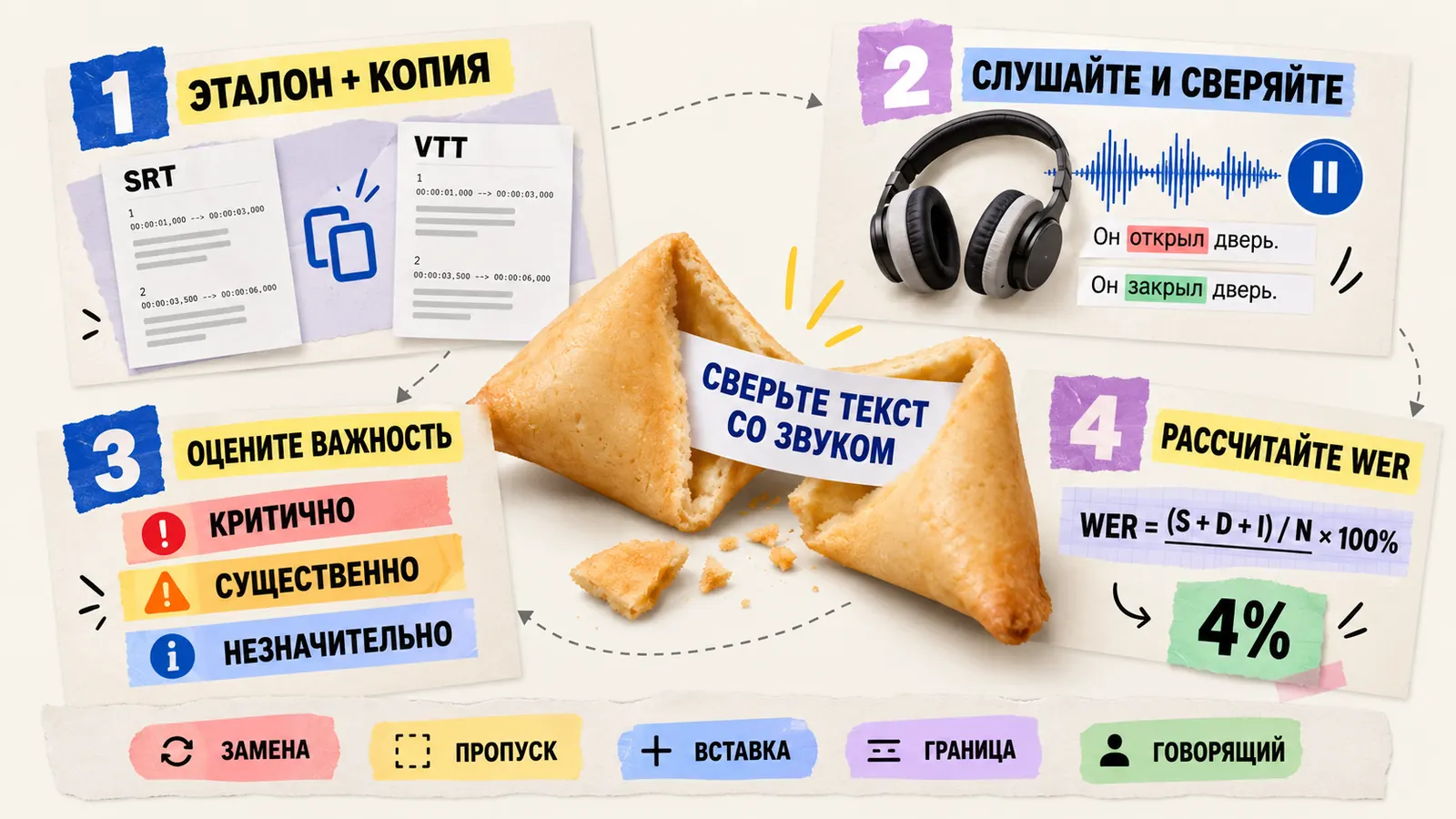 Шаги 1–4 проверки субтитров: эталон и рабочая копия SRT/VTT, сверка текста со звуком, оценка ошибок по важности, расчёт WER; типы ошибок — замена, пропуск, вставка, граница, говорящий