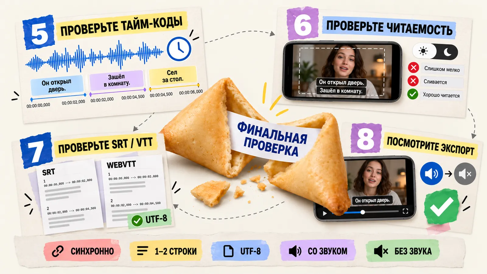 Шаги 5–8 проверки субтитров: тайм-коды по звуковой волне, читаемость на телефоне, структура SRT и WEBVTT в UTF-8, финальный просмотр экспорта со звуком и без