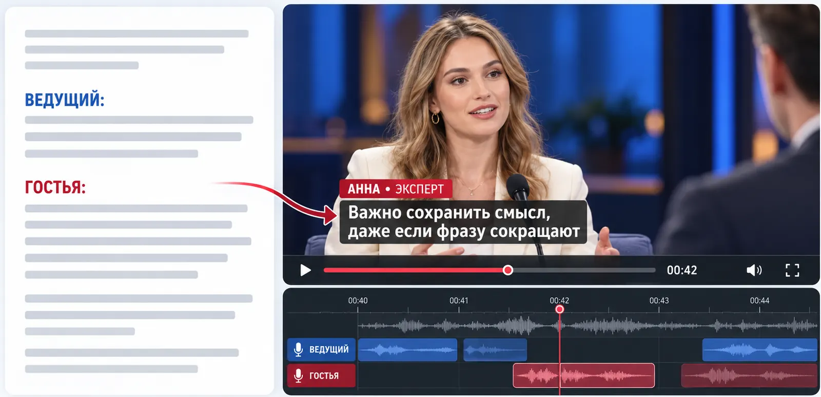 Субтитры интервью: в расшифровке реплики ведущего и гостьи, в кадре — плашка «Анна • эксперт» и реплика, на таймлайне — отдельные дорожки ведущего и гостьи