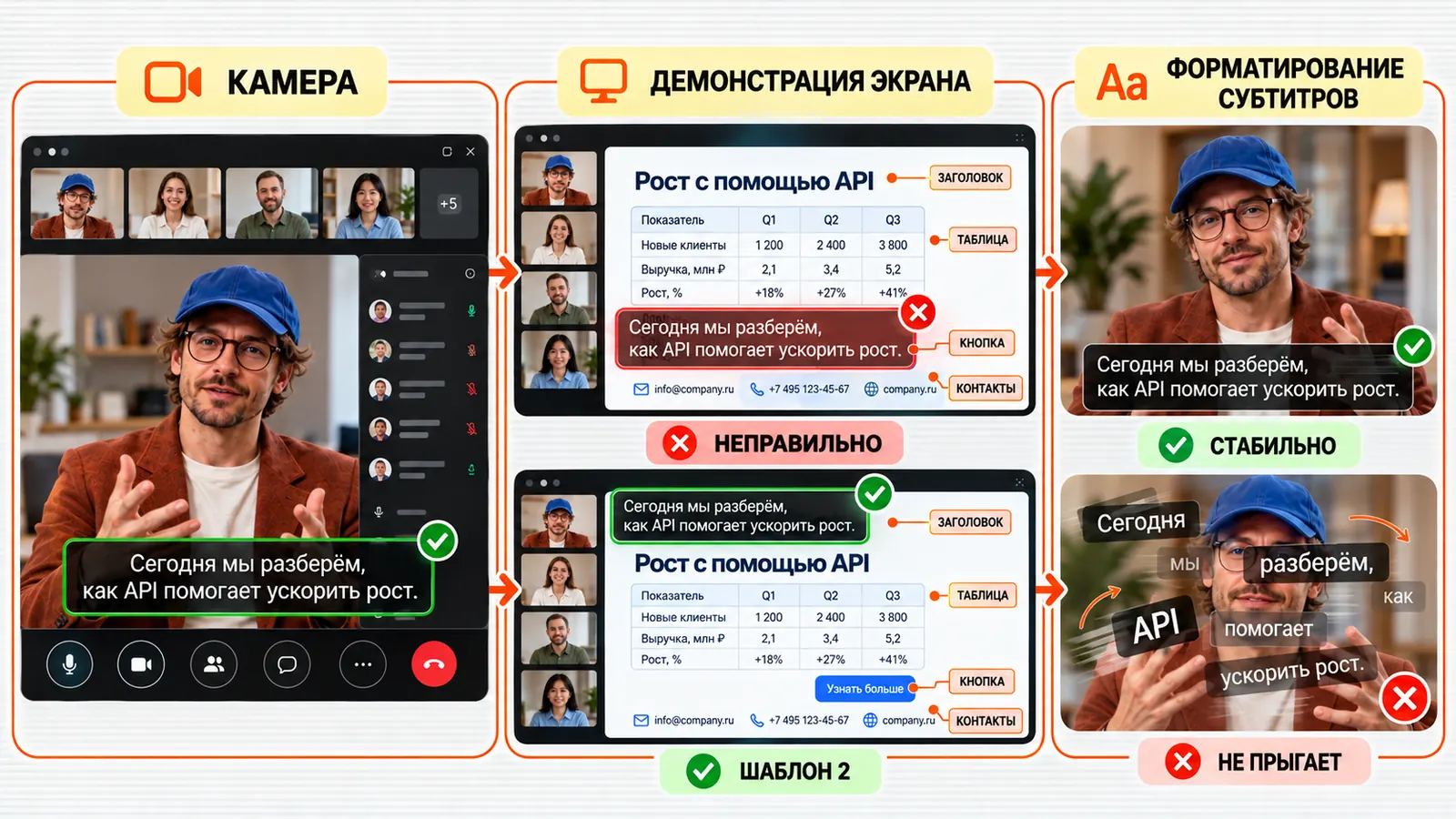 Оформление субтитров вебинара: на камере — внизу кадра, при демонстрации экрана — второй шаблон, чтобы не закрыть заголовок, таблицу, кнопку и контакты; стабильные блоки вместо прыгающих слов