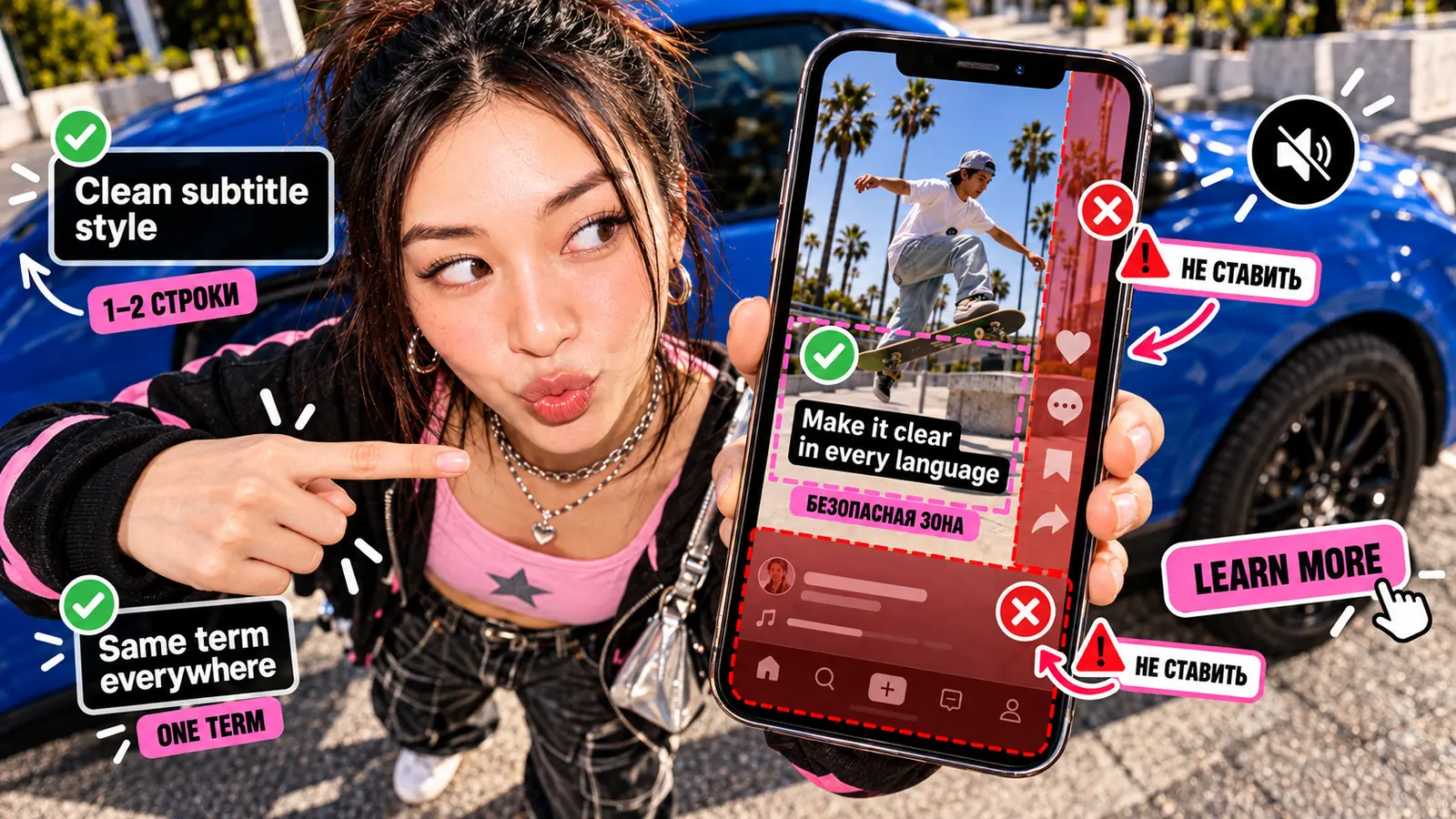 Безопасная зона TikTok для английских субтитров: 1–2 строки, один термин везде, не ставить текст у правой панели и над нижним описанием