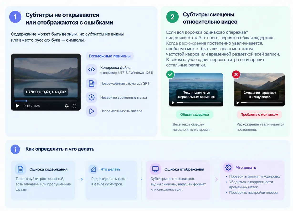 Технические проблемы субтитров: файл не открывается или показывает символы вместо кириллицы — кодировка, структура SRT, временные метки, плеер; общая задержка или нарастающее смещение; ошибка содержания или отображения