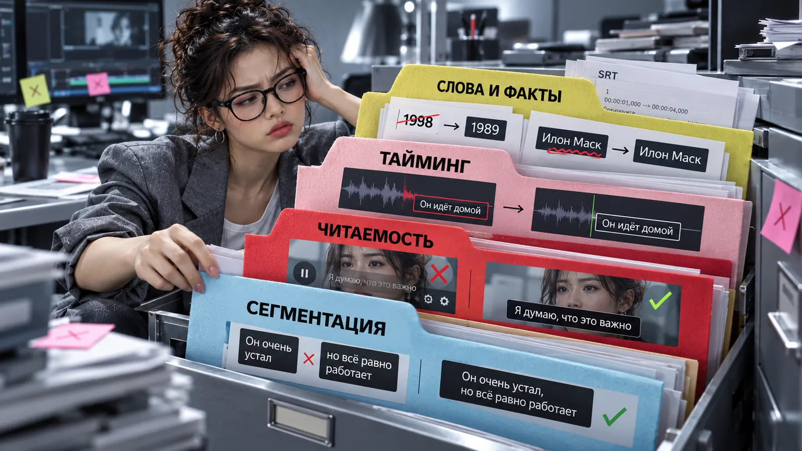 Виды ошибок субтитров: слова и факты — год и имя, тайминг — реплика отстаёт от голоса, читаемость — слабый контраст, сегментация — мысль разорвана на два экрана