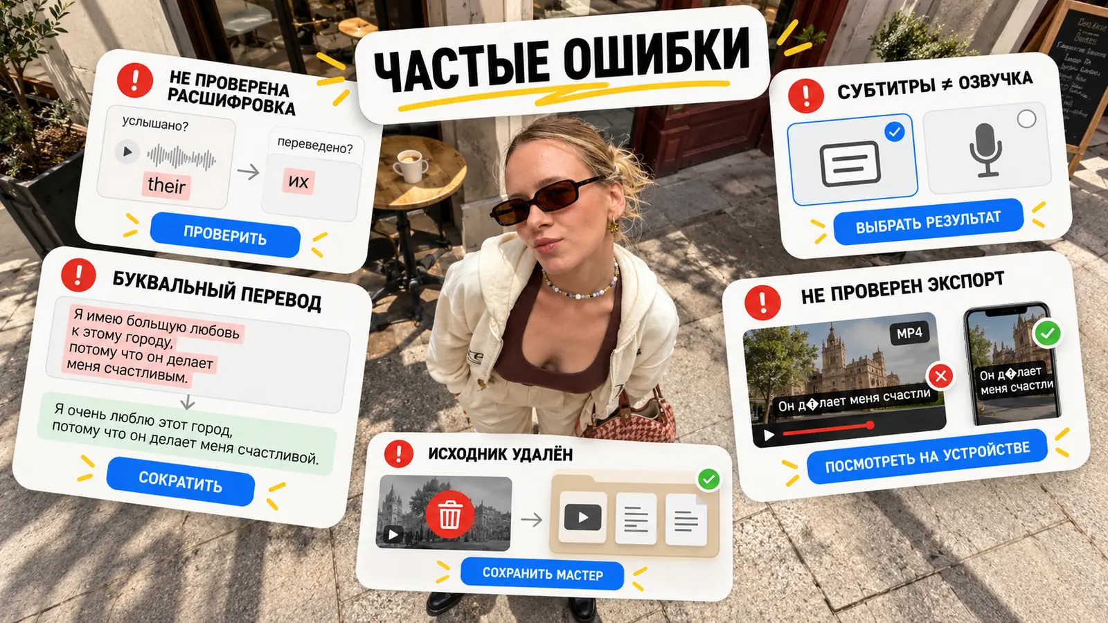 Частые ошибки перевода видео субтитрами: не проверена расшифровка, буквальный перевод, субтитры вместо озвучки, не проверен экспорт, удалён исходник