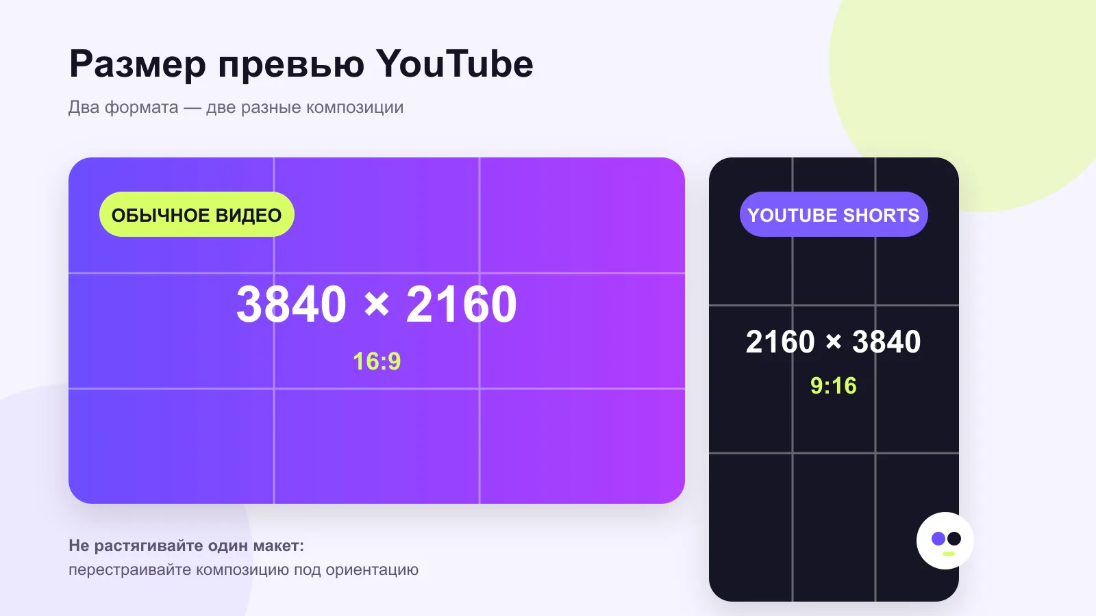 Размер превью YouTube: 3840 × 2160 (16:9) для обычного видео и 2160 × 3840 (9:16) для Shorts