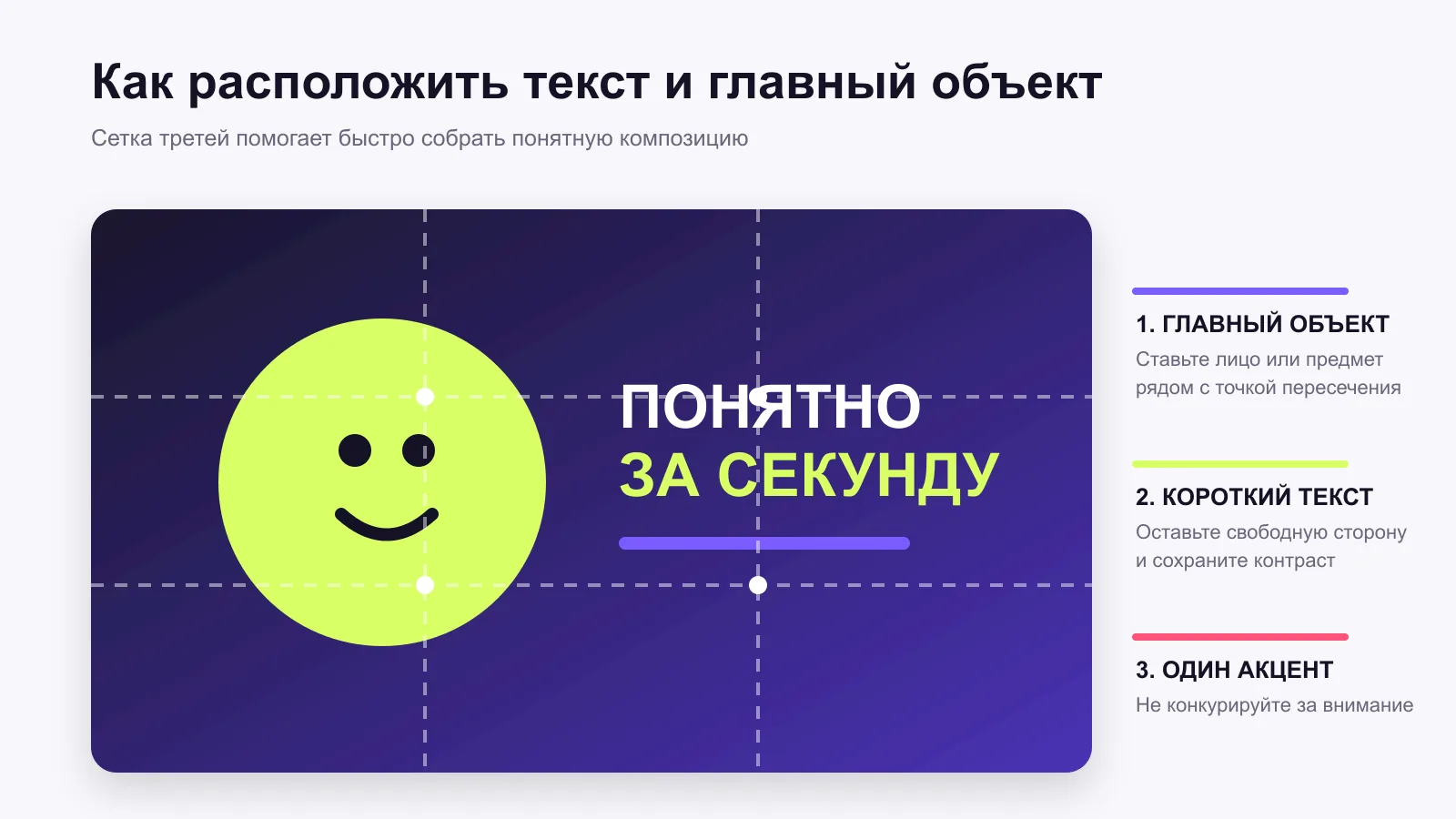Композиция превью YouTube по сетке третей: главный объект, короткий текст и один акцент