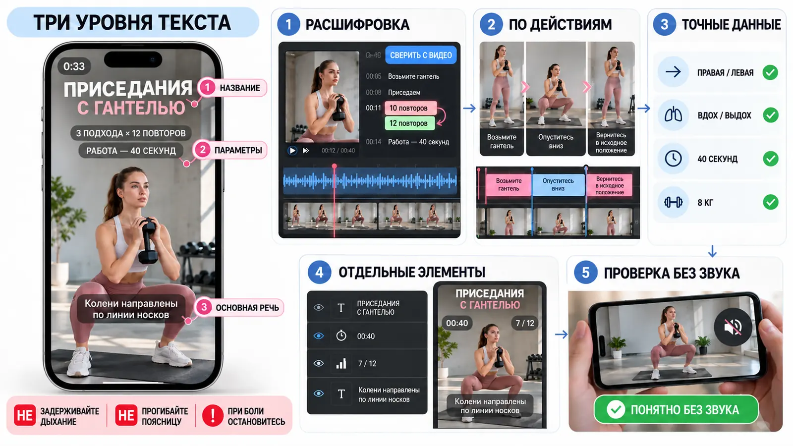 Субтитры для фитнес-видео по шагам: три уровня текста — название, параметры, речь; расшифровка со сверкой видео, разбивка по действиям, точные данные — сторона, дыхание, время, вес; таймер и счётчик повторов отдельными слоями; проверка без звука