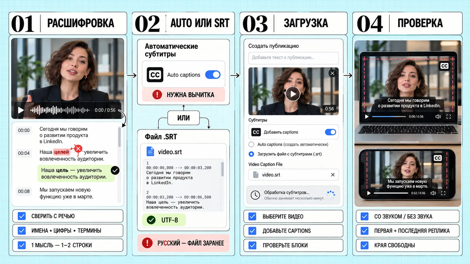 Как добавить субтитры в LinkedIn за четыре шага: расшифровка и сверка с речью, auto captions или файл SRT в UTF-8, загрузка в публикацию через Video Caption File, проверка на компьютере и телефоне