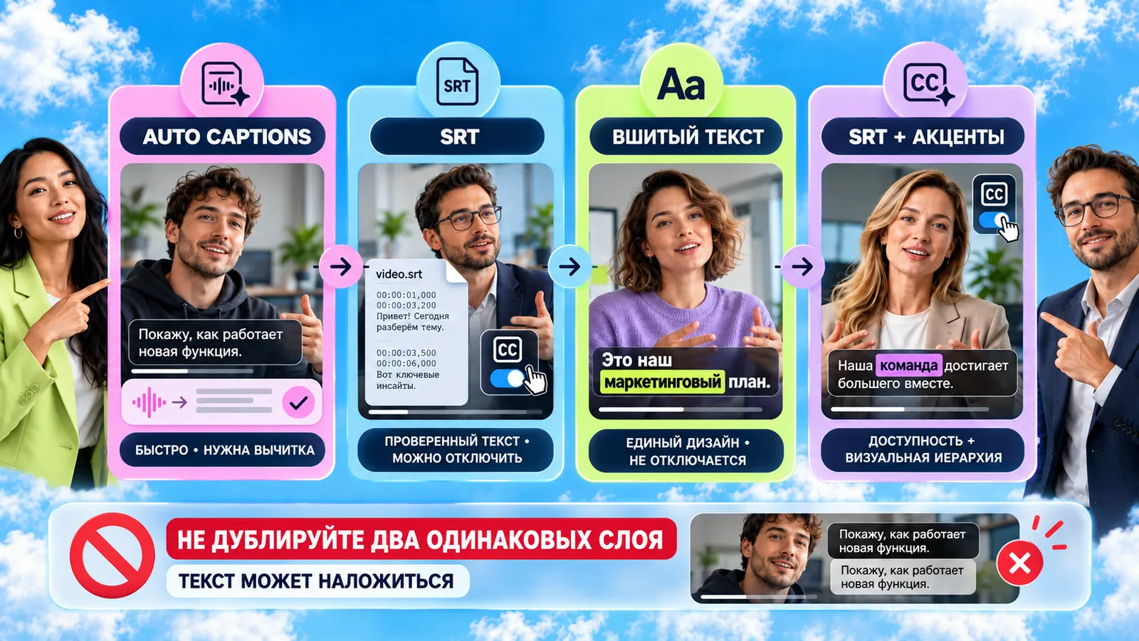 Четыре варианта субтитров для LinkedIn: auto captions с вычиткой, проверенный SRT, вшитый текст с единым дизайном, SRT плюс визуальные акценты; не дублируйте два одинаковых слоя