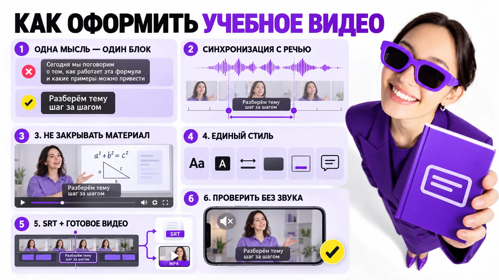 Как оформить учебное видео: одна мысль — один блок, синхронизация с речью, не закрывать материал, единый стиль, SRT и готовое видео, проверка без звука