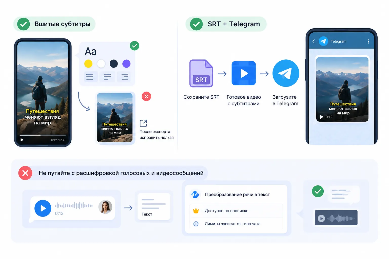 Вшитые субтитры и SRT для Telegram: вшитый текст всегда виден, но после экспорта не исправить; SRT сохраните, в канал загрузите готовое видео; не путайте с расшифровкой голосовых