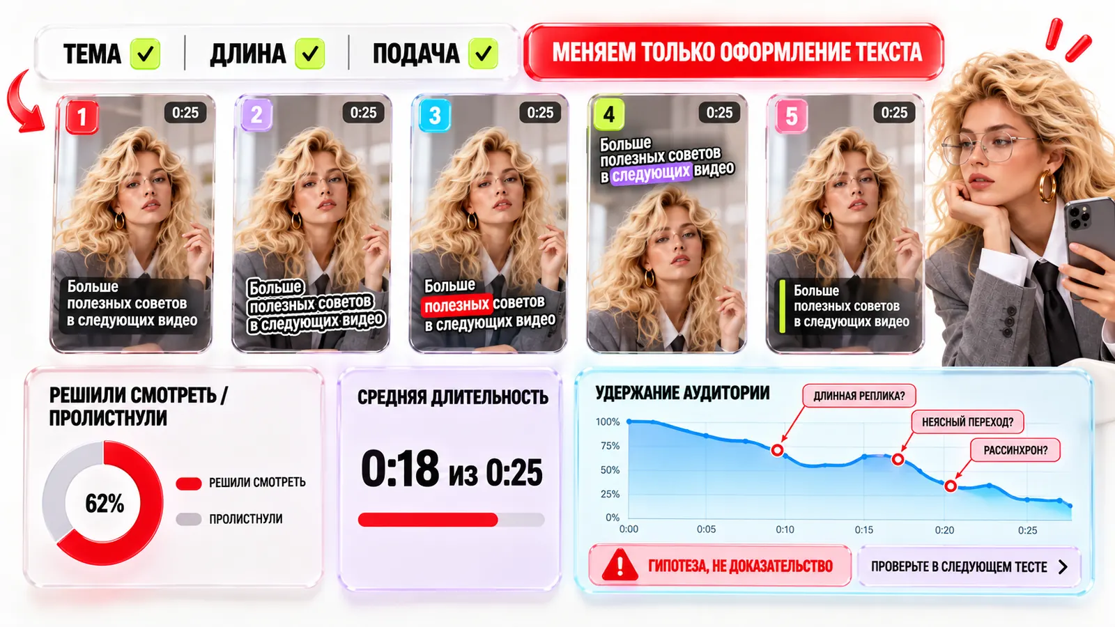 Проверка влияния субтитров на удержание Shorts: пять роликов с одинаковой темой и разным оформлением текста, доля «решили смотреть», средняя длительность и график удержания