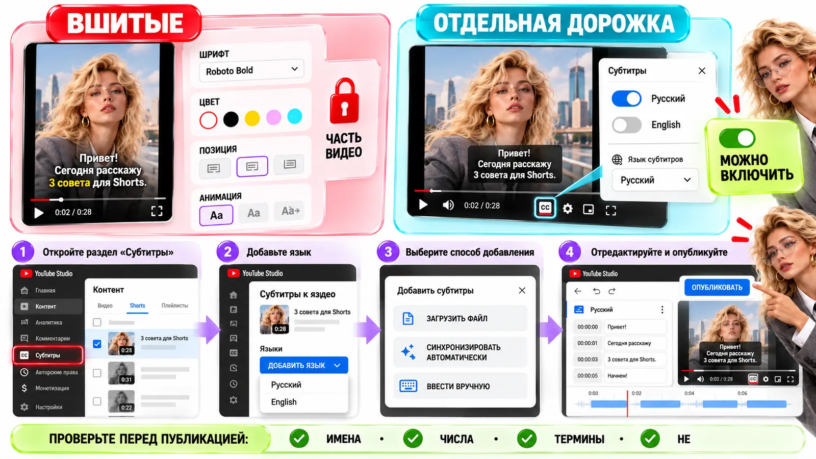Вшитые субтитры и отдельная дорожка в YouTube Shorts: шрифт, цвет и позиция как часть видео против переключаемых субтитров; добавление субтитров в YouTube Studio за четыре шага