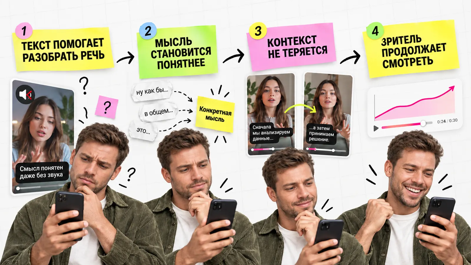 Как субтитры поддерживают досмотр: текст помогает разобрать речь, мысль становится понятнее, контекст не теряется, зритель продолжает смотреть