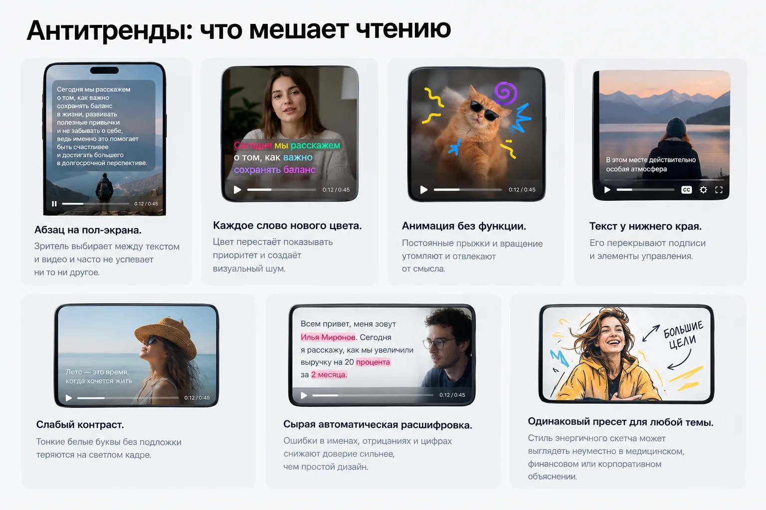 Антитренды субтитров: абзац на пол-экрана, каждое слово нового цвета, анимация без функции, текст у нижнего края, слабый контраст, сырая расшифровка, одинаковый пресет