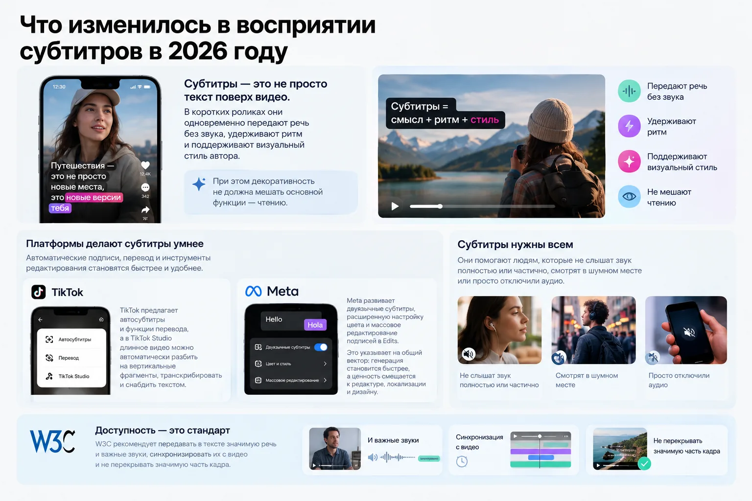 Что изменилось в восприятии субтитров в 2026 году: смысл, ритм и стиль, автосубтитры и перевод в TikTok и Meta, требования доступности W3C