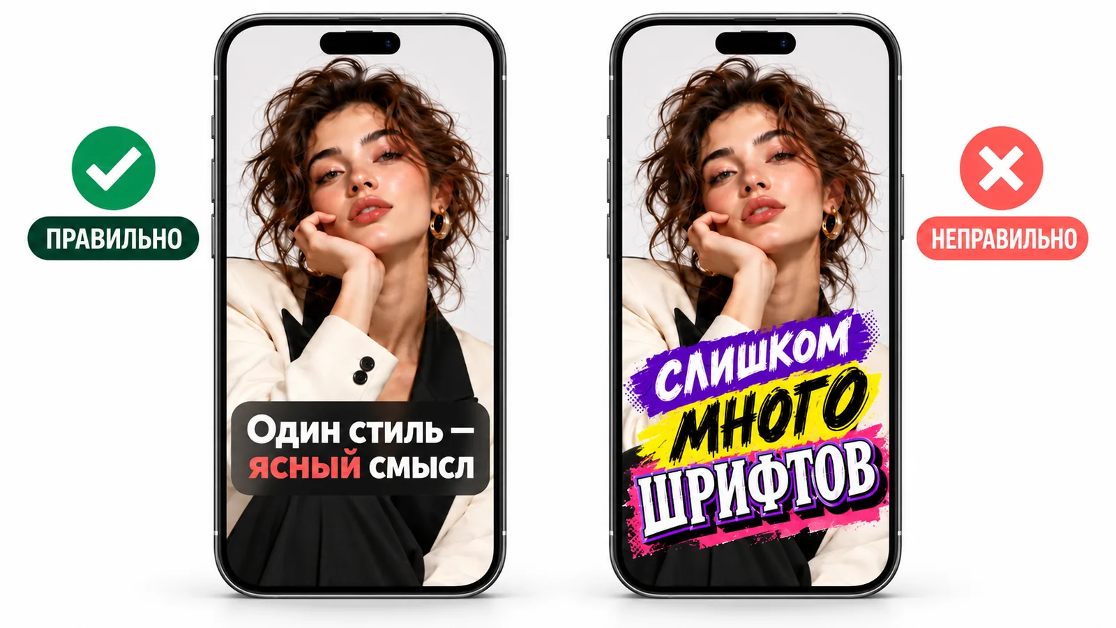 Правильно и неправильно: один читаемый стиль с акцентным словом против надписи из нескольких декоративных шрифтов