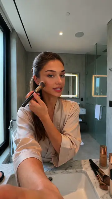 Beauty video frame with an AI headline and captions