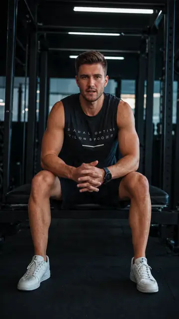 Fitness video frame with an AI headline and captions