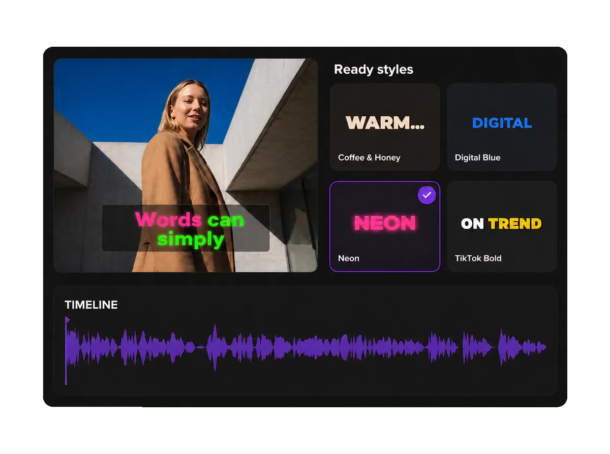 Captions Space editor: the style gallery with captions previewed on a frame